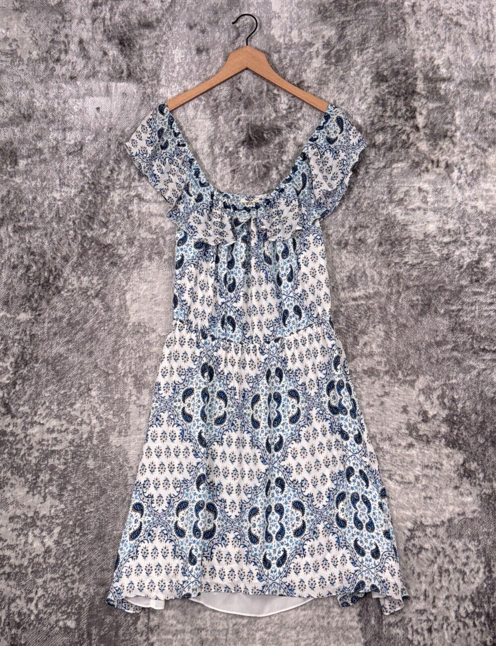 L'AGENCE Dress Small Womens White & Blue Silk Paisley Off Shoulder